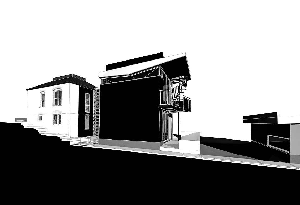 Contemporary house design featuring a spiral metal staircase and glass balcony railing adjacent to a traditional style home.
