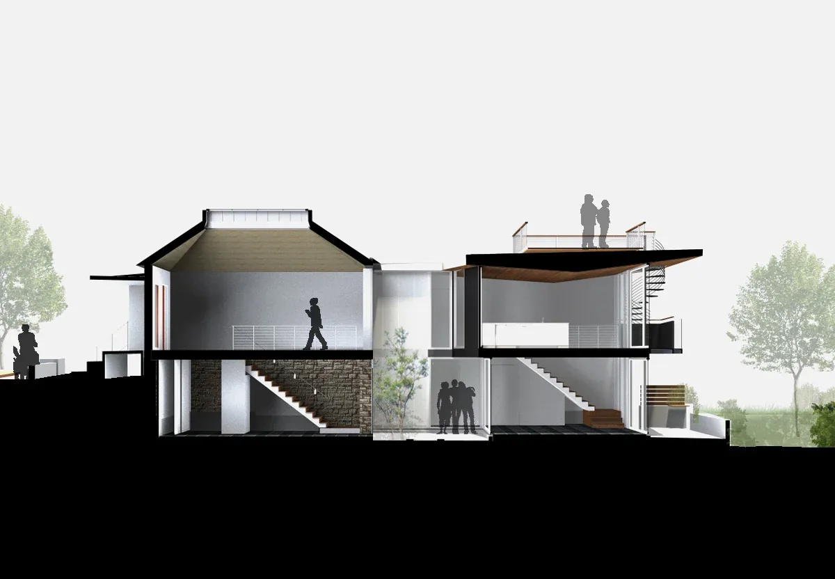 Sectional rendering of Bottle & the Bowl house illustrating interior levels, staircases, and a rooftop deck.