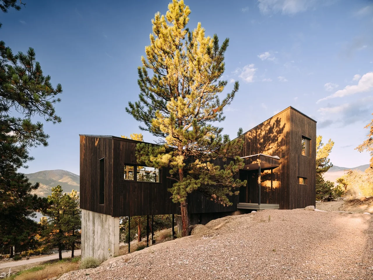 Twin Lakes Bothy is a modern elevated home with dark wood siding and concrete foundation, set on a hillside with pine trees.