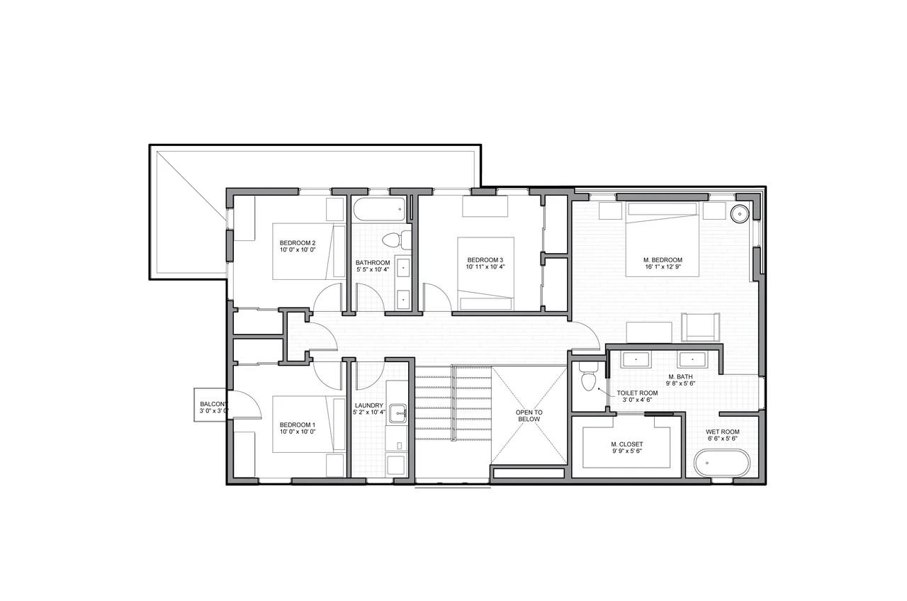 Second floor plan of 43rd Residence - C.S. House 1 with three bedrooms, laundry, and master suite.