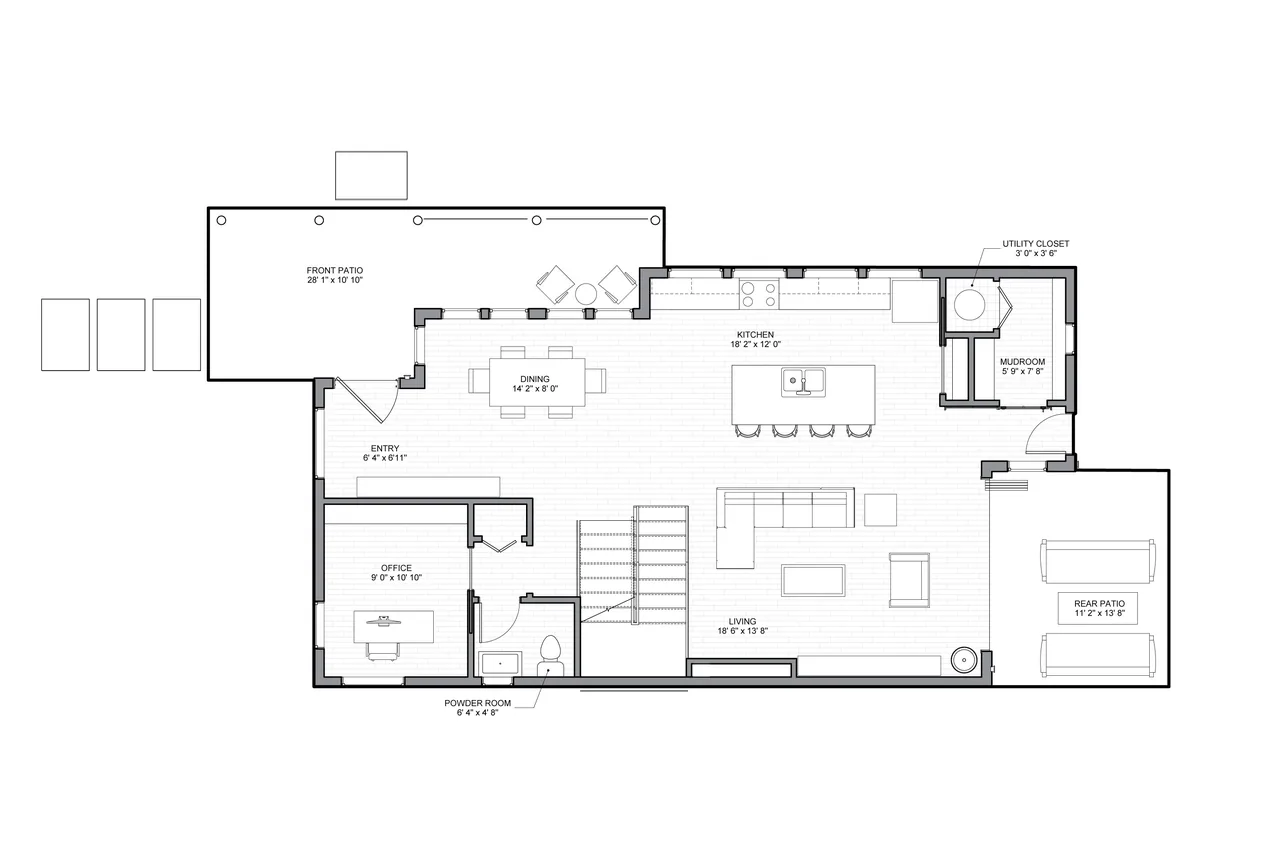 Floor plan of 43rd Residence - C.S. House 1 by UNUM Collaborative shows the arrangement of multiple functional spaces and patios.