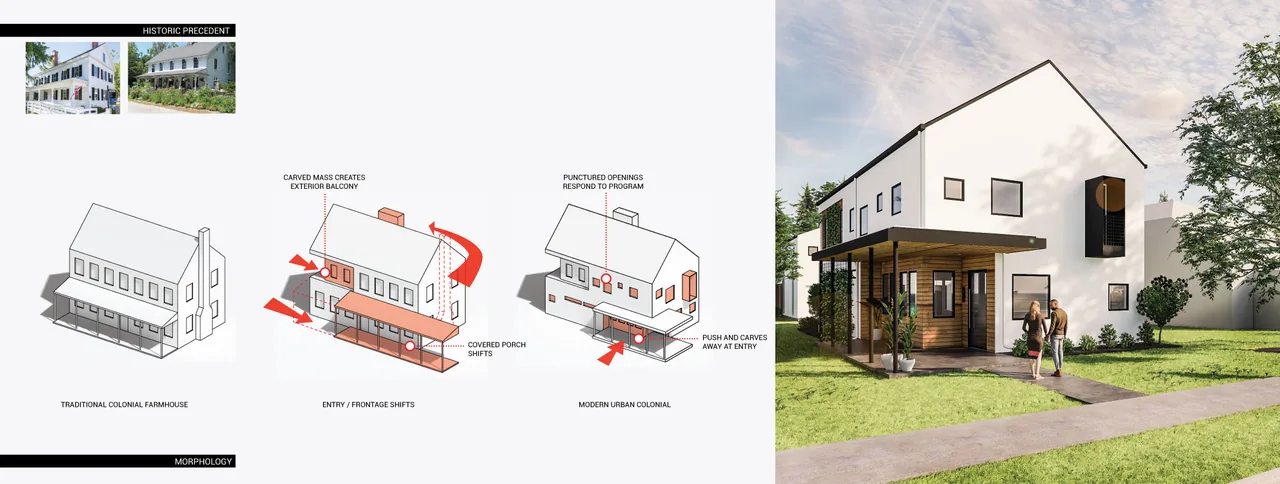 Exterior view of the 43rd Residence featuring a modern colonial style with a carved balcony and covered porch entry.