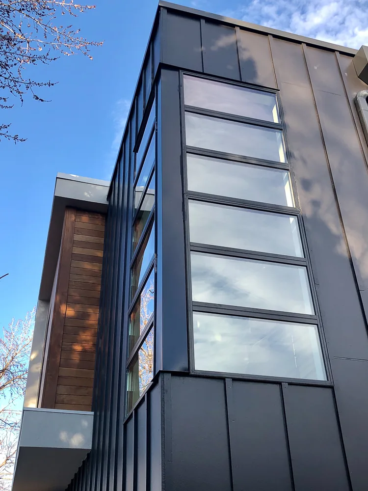 The Dempster Residence features vertical metal panel siding with a tall vertical window bank on one corner.
