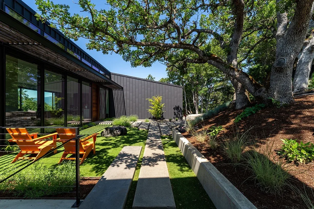 Hidden Oaks Residence features a modern outdoor walkway with black metal cladding and concrete steps set among mature oak trees.