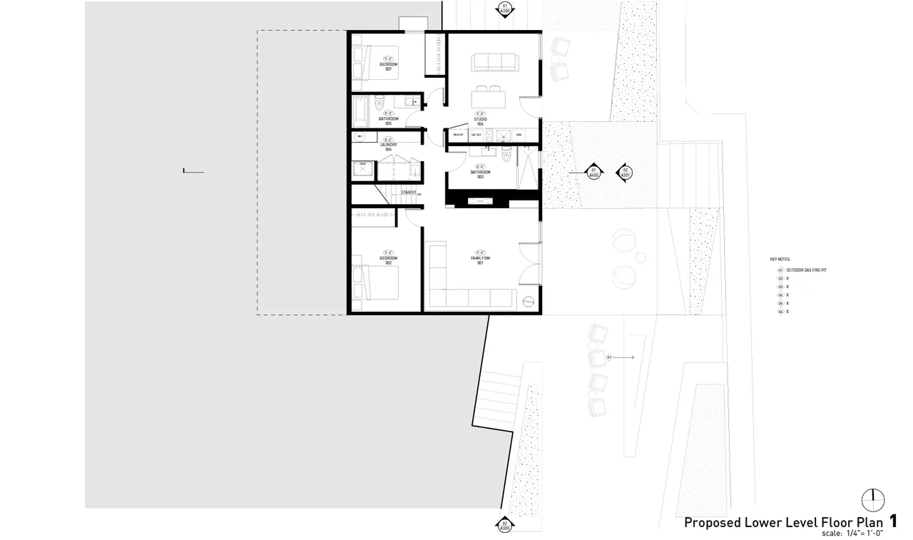 Proposed lower level floor plan of Cardinal House by Centerfield Studio showing bedrooms, bathrooms, laundry, studio, and family room.