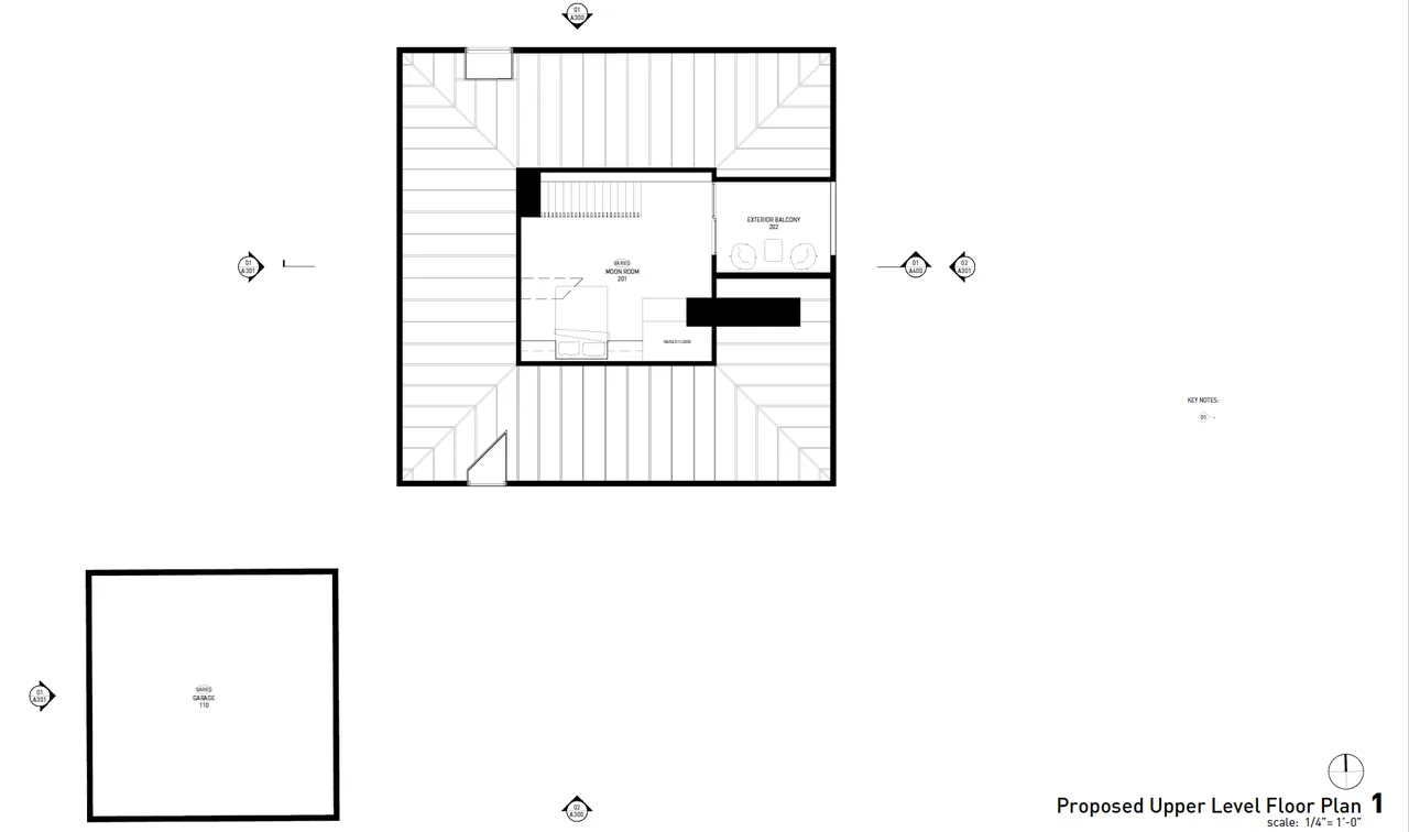 Proposed upper level floor plan of the Cardinal House project by Centerfield Studio, featuring a main moon room, covered balcony, and detached garage.