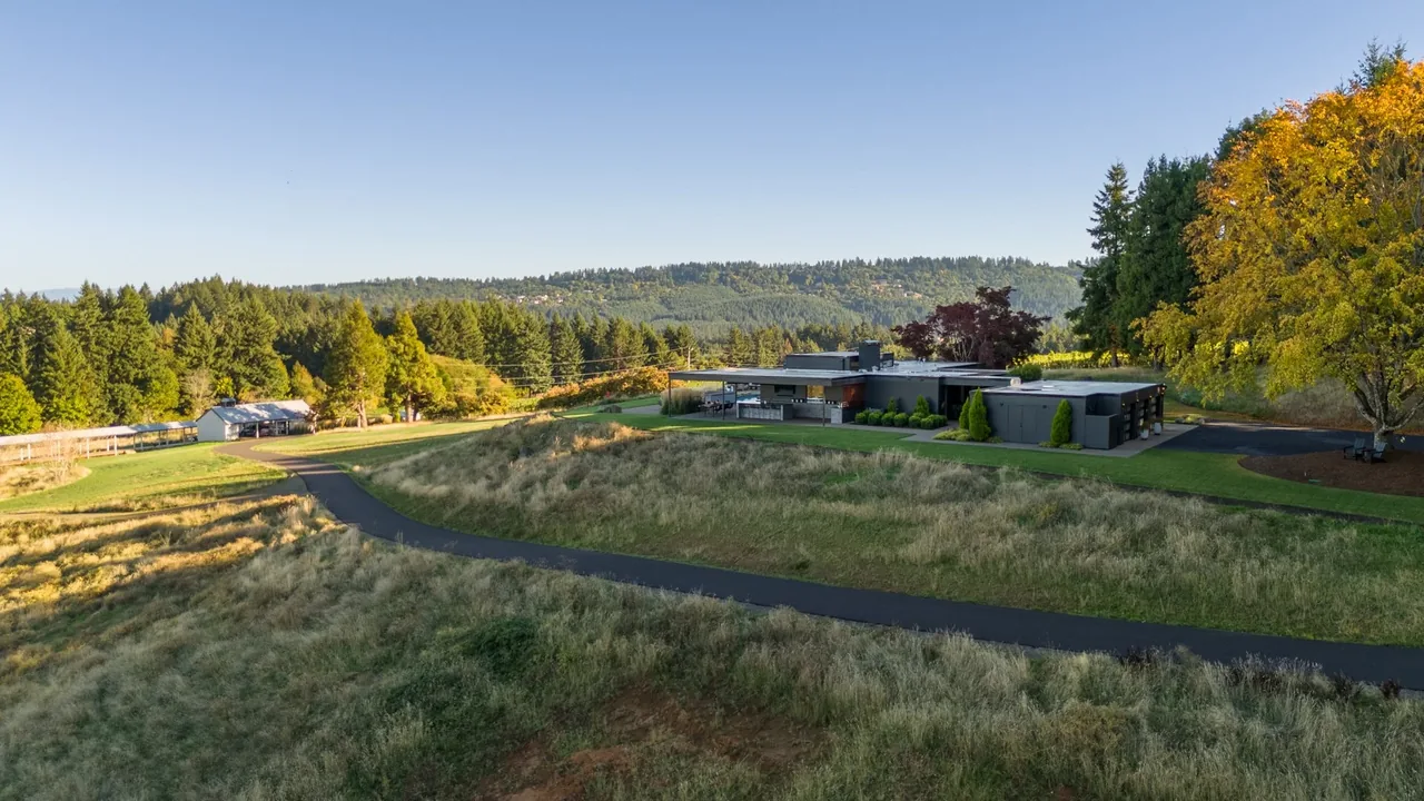 The Burnt Tree Farm project features a modern, flat-roofed home surrounded by varied grassland and a distant forest.