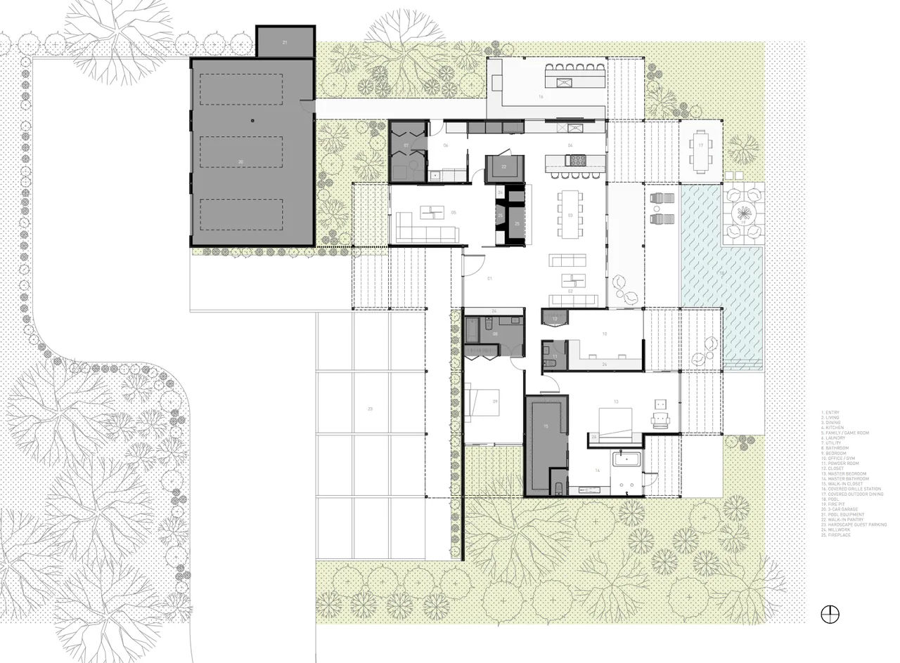 Floor plan of Burnt Tree Farm showing rooms, garage, outdoor lounge, grill, fire table, and pool areas.