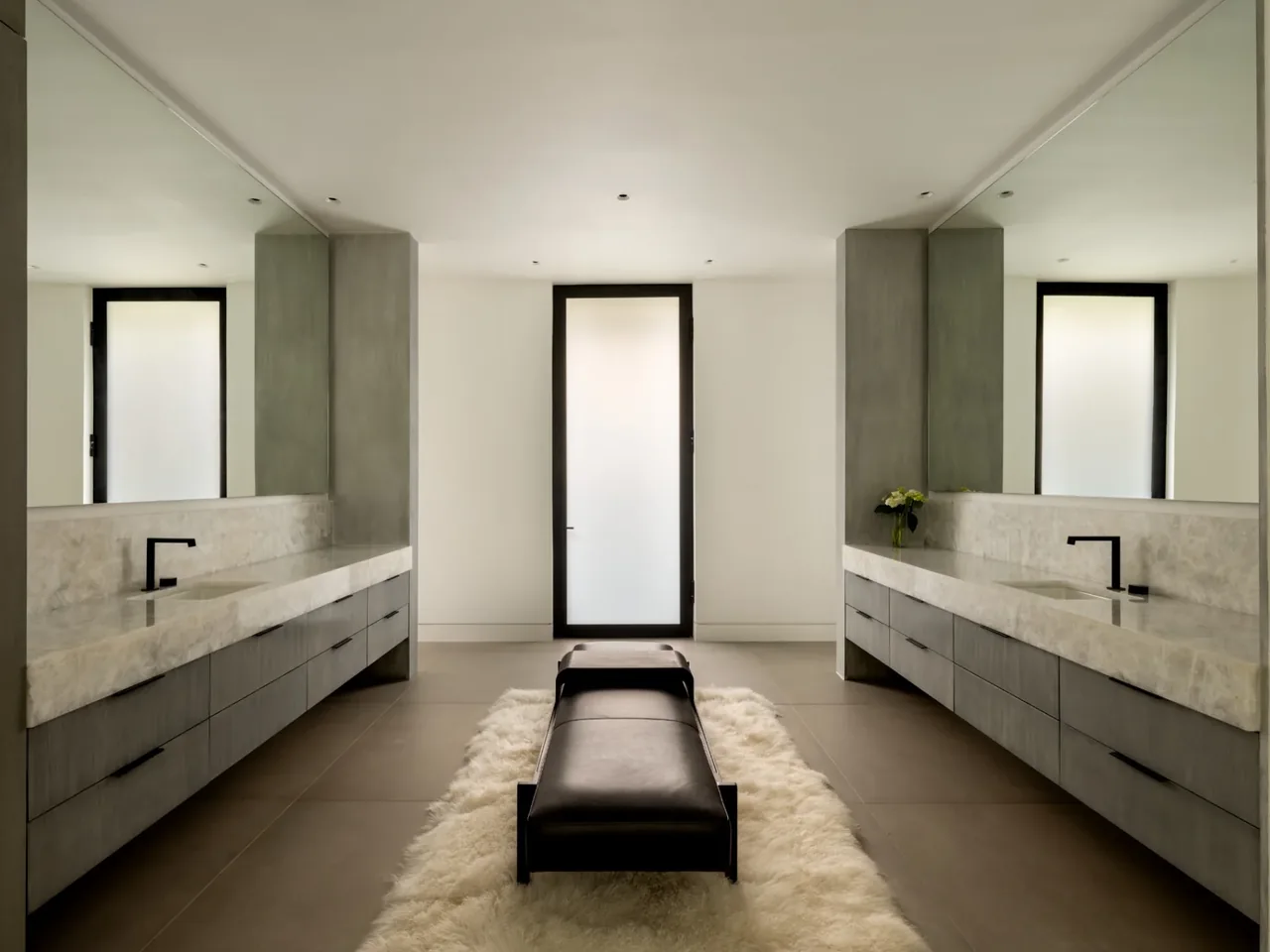 Bathroom featuring two marble vanities with black faucets and a central black leather bench placed on a fluffy rug.