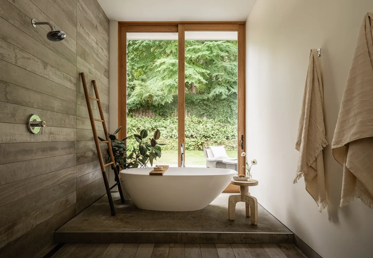 Minimalist bathroom with a freestanding tub, large wood-framed windows, and a wood ladder towel rack overlooking a garden view.