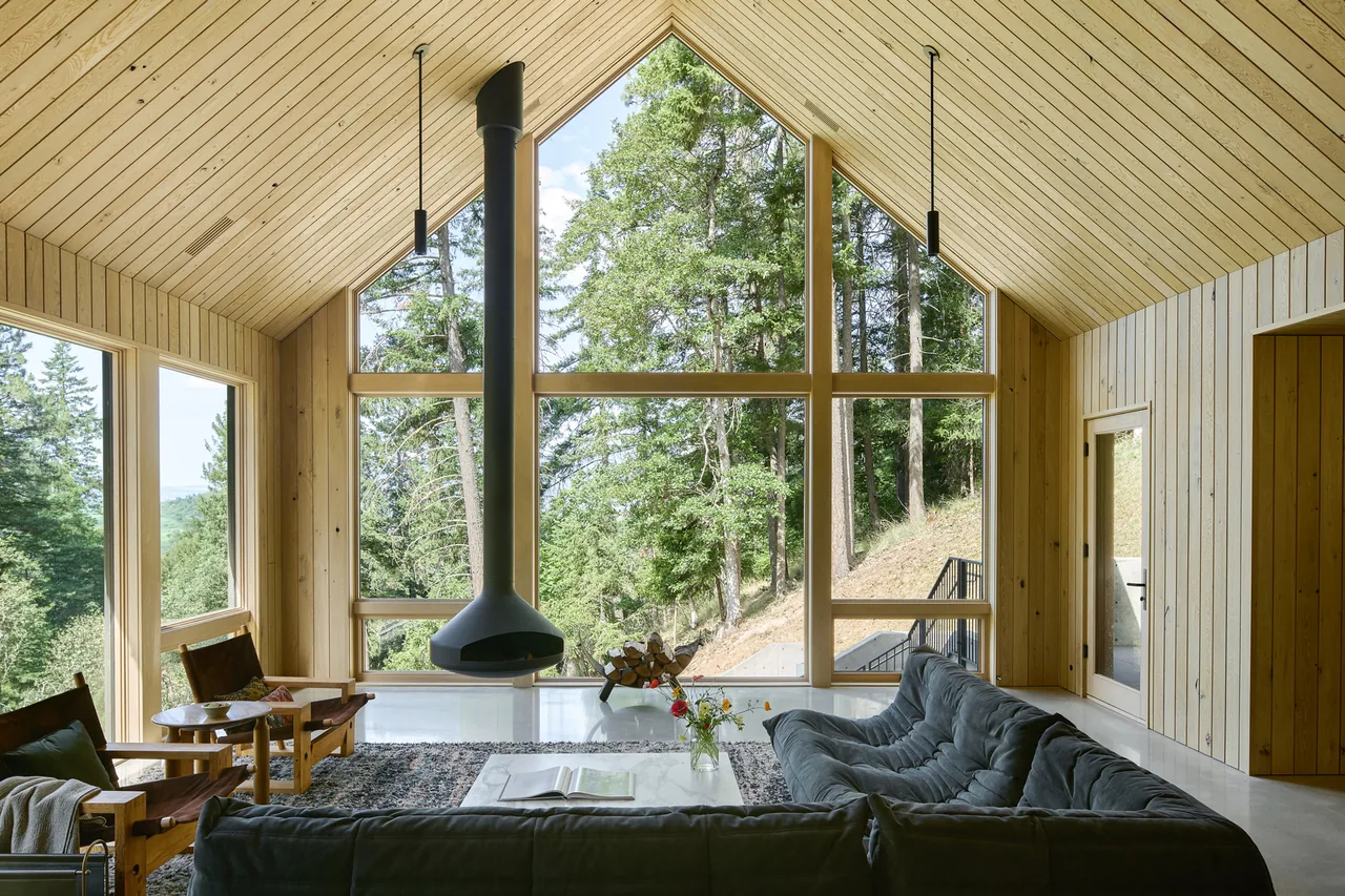 Living room features a vaulted ceiling with wood paneling, large triangular window with forest views, and a suspended fireplace.