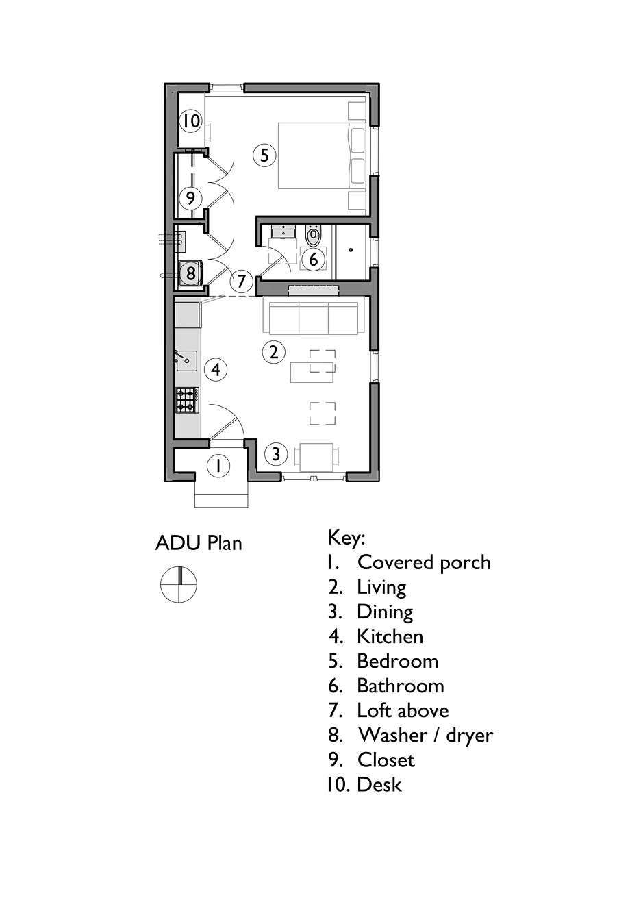 Floor plan for Mason Street ADU by Tweto Architecture showing living, dining, kitchen, bedroom, bathroom, and utility spaces.