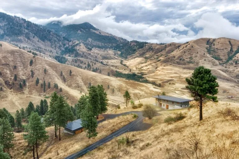 Nahahum Canyon Residence by Studio Zerbey sits on a hilltop with dry grassy hills and pine trees nearby.
