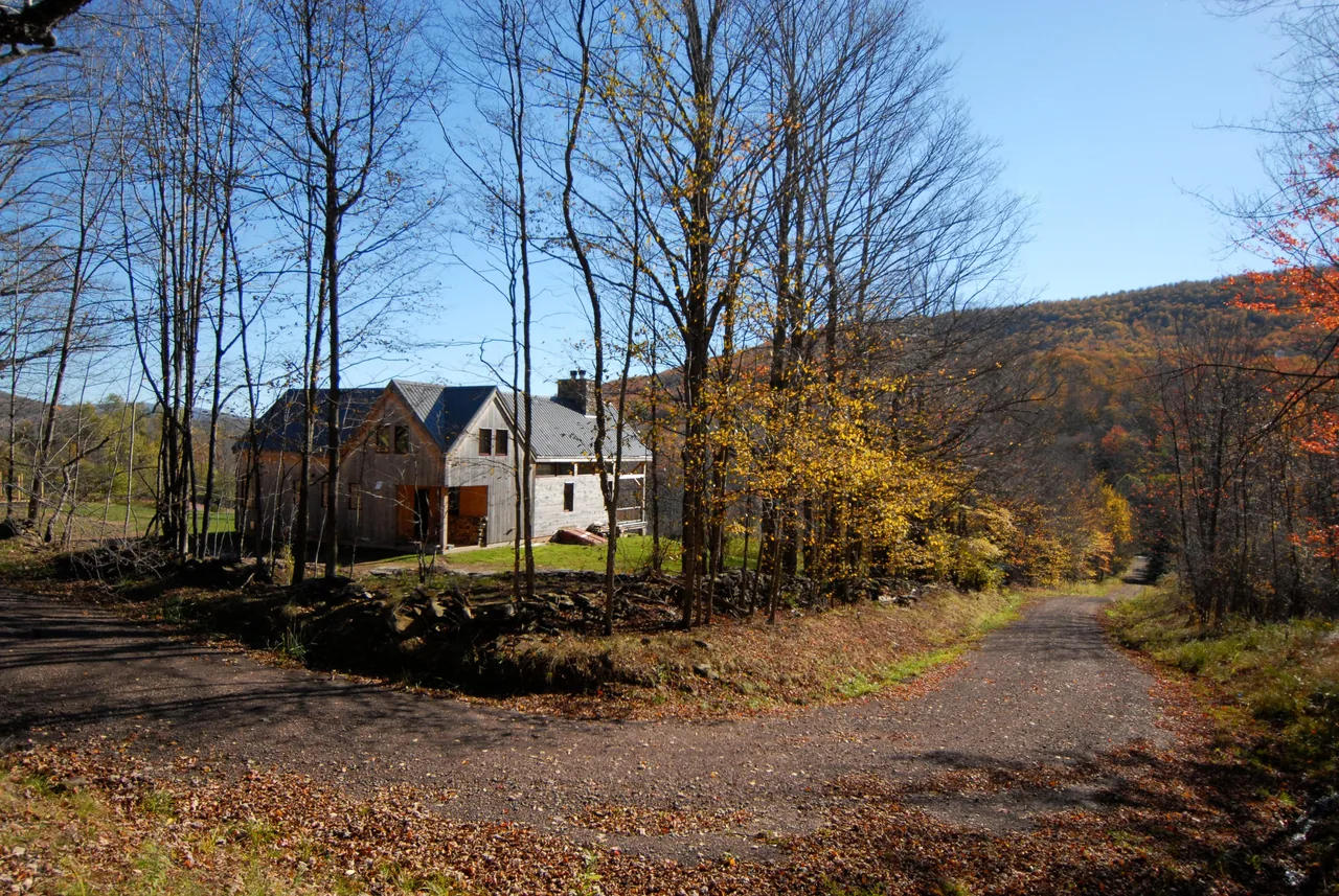 Catskills Retreat by Stanev Potts Architects features a two-story wood and stone home nestled in a forested hillside with a gravel driveway.