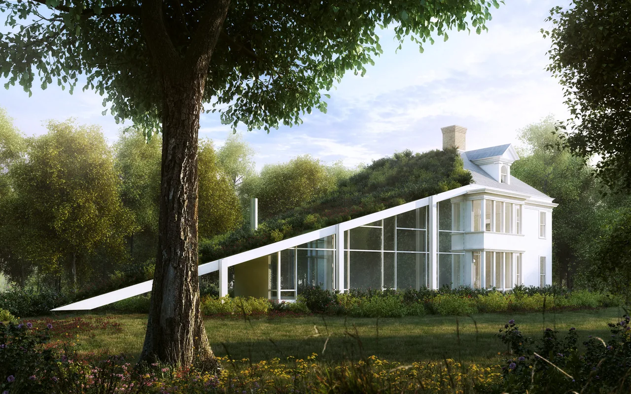 Modern white house with a green roof extension blending into a lush garden setting.