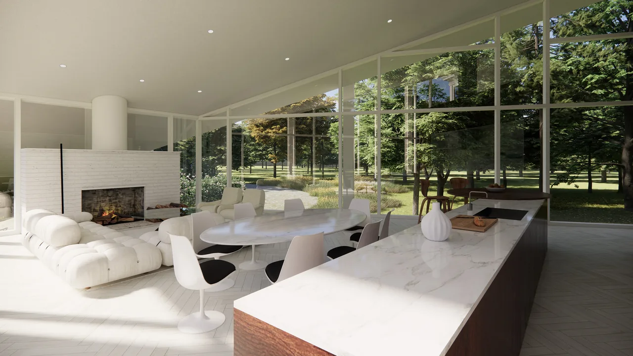 The House on the Hudson features floor-to-ceiling glazing with a linear fireplace, combining an open living and kitchen area.