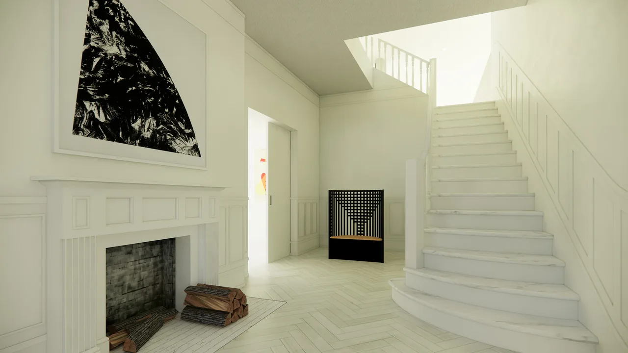 White entry hall with curved staircase, paneled walls, and a fireplace set with firewood.