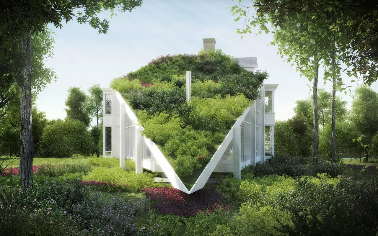 The House on the Hudson features a distinct triangular green roof integrated with a lush garden landscape.