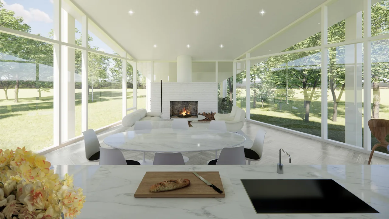 Open living and dining area with extensive glazing and a white brick fireplace in the House on the Hudson project.