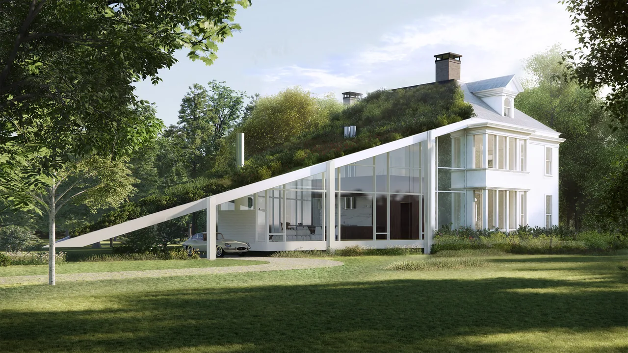 House on the Hudson features a traditional house with a modern glass and green roof extension by Stamberg Aferiat + Associates.