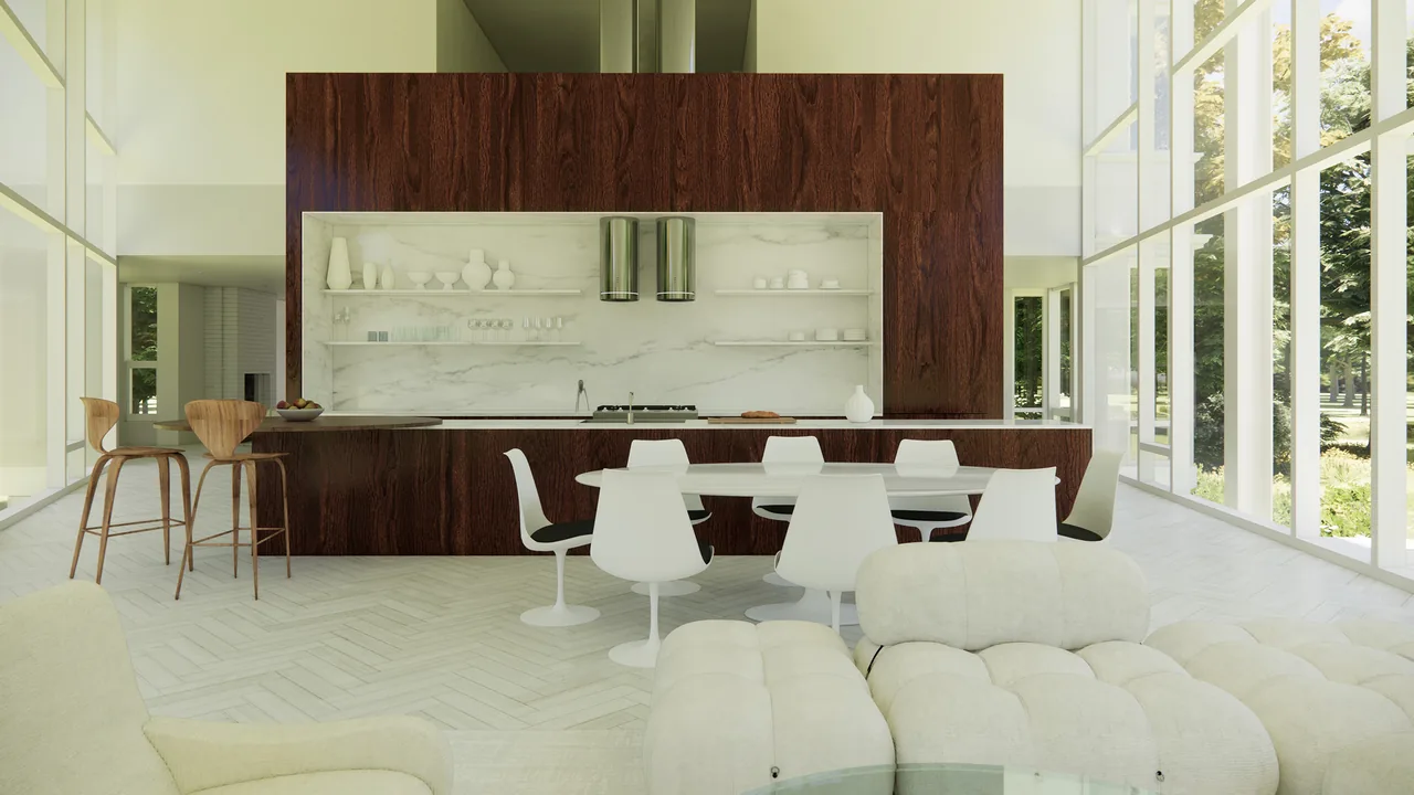 Open-concept kitchen and dining with wood cabinetry, marble backsplash, and tall windows in House on the Hudson project.