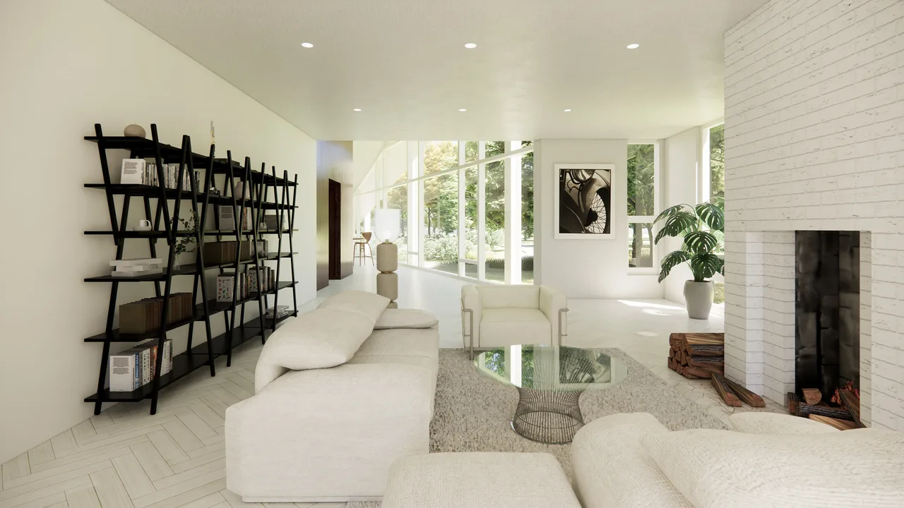 Living room of House on the Hudson features white sofas, a glass coffee table, and a white brick fireplace with firewood.