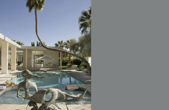 The Crescent project features a rectangular outdoor pool surrounded by a modern home with glass walls and mature palm trees.