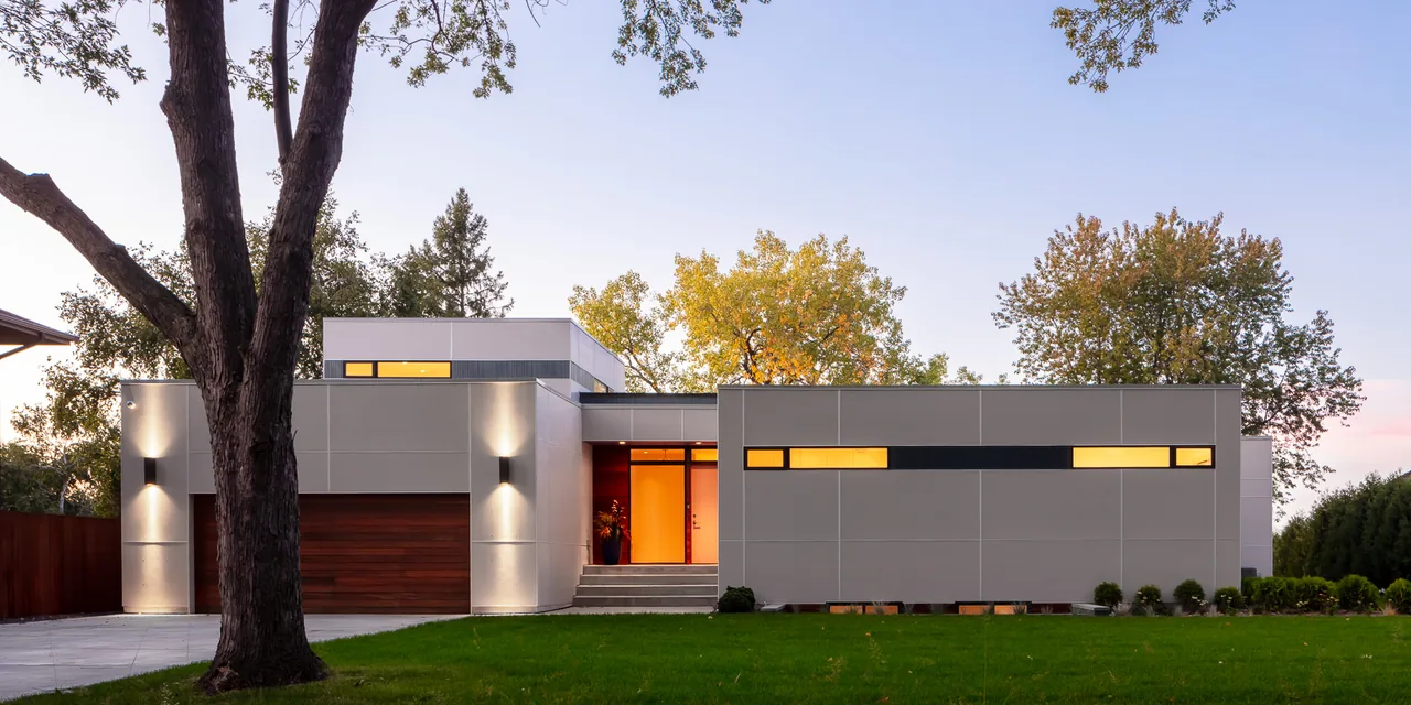 The Lakefront Modern project features a two-story house with flat roof and horizontal clerestory windows.