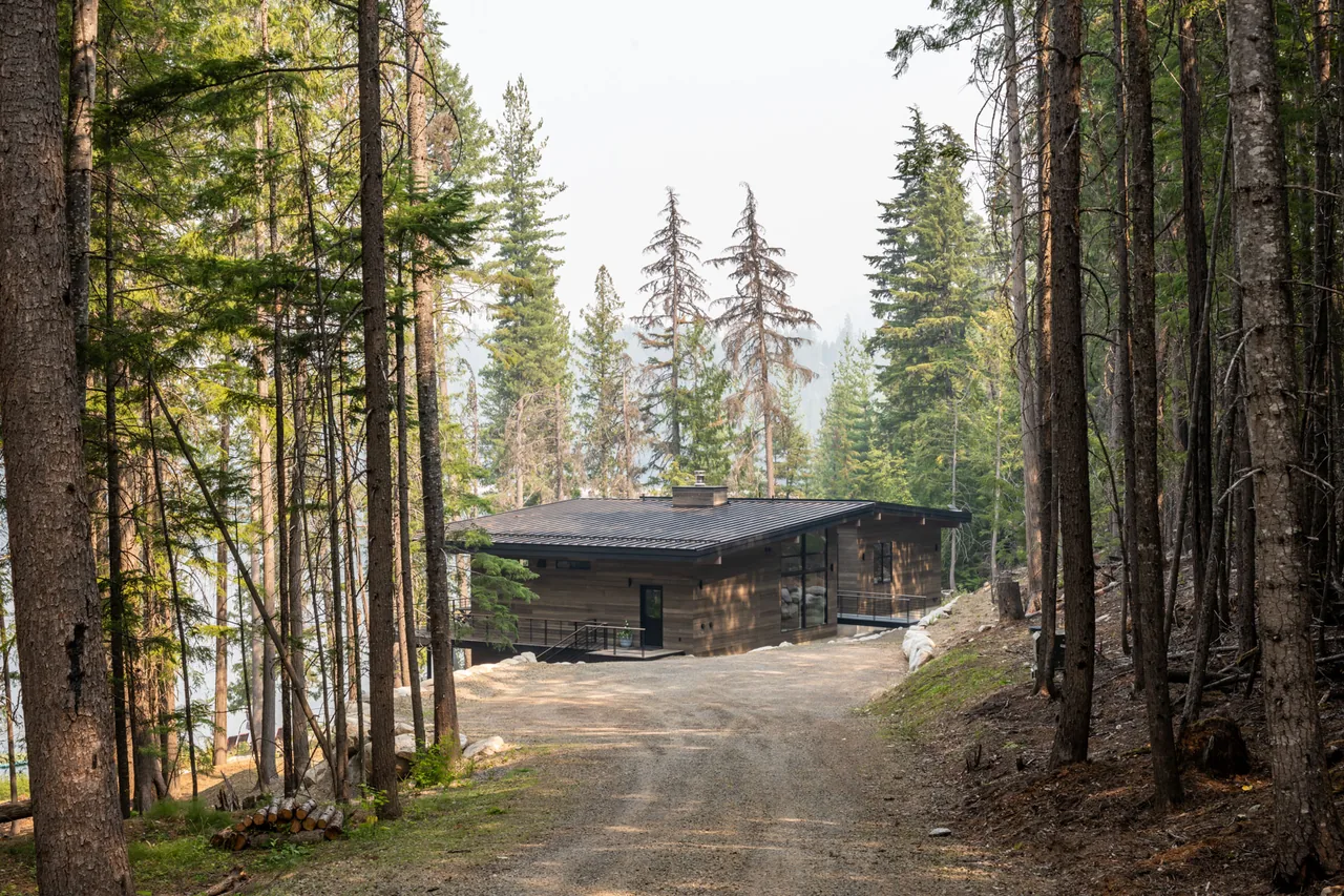 The Cedars Cabin by Uptic Studios features dark wood siding and a standing seam metal roof in a forest setting.