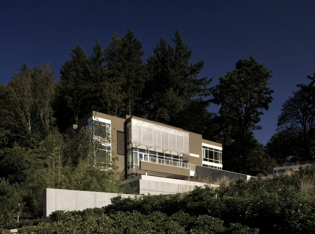Hewett Street Residence features a multi-story design with large windows and a concrete terrace, set amid lush greenery.
