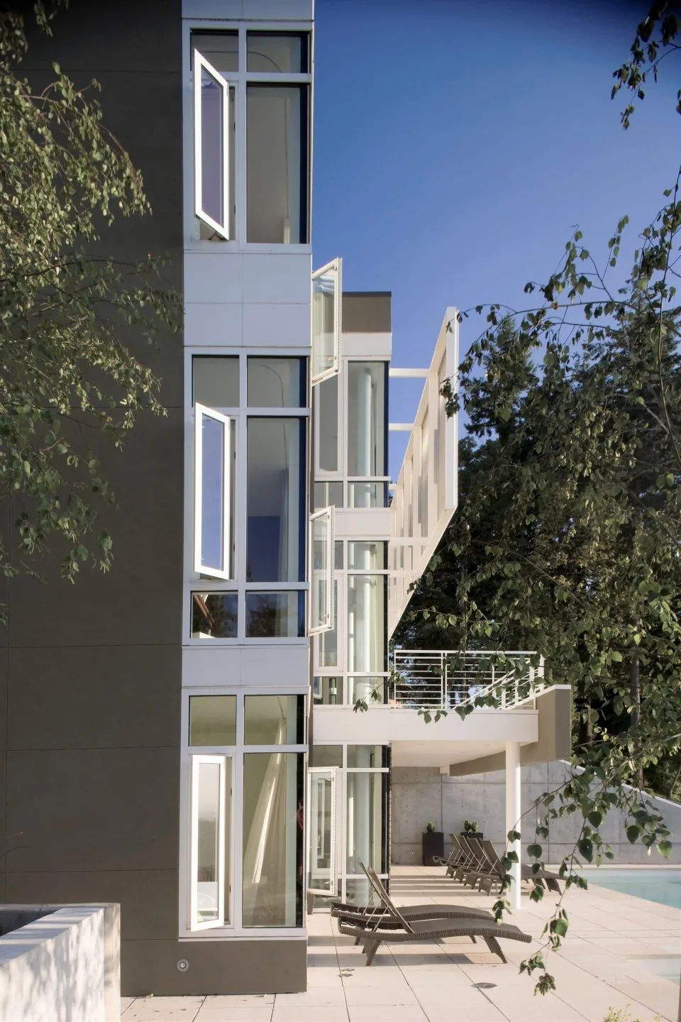 Hewett Street Residence features open casement windows and a poolside patio with lounge chairs.