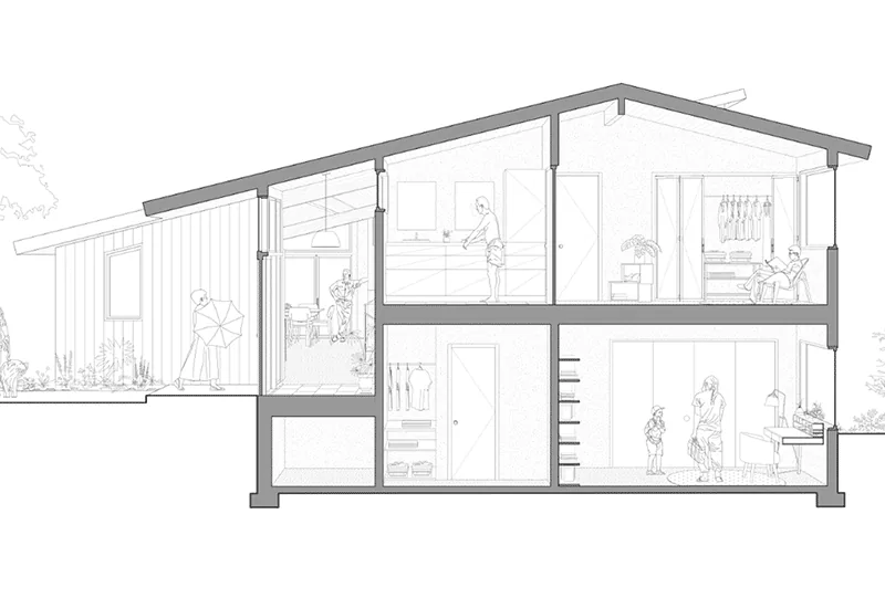 Section drawing of Magnolia Mid-Century Modern house showing interior room layout across two floors with angled roof.