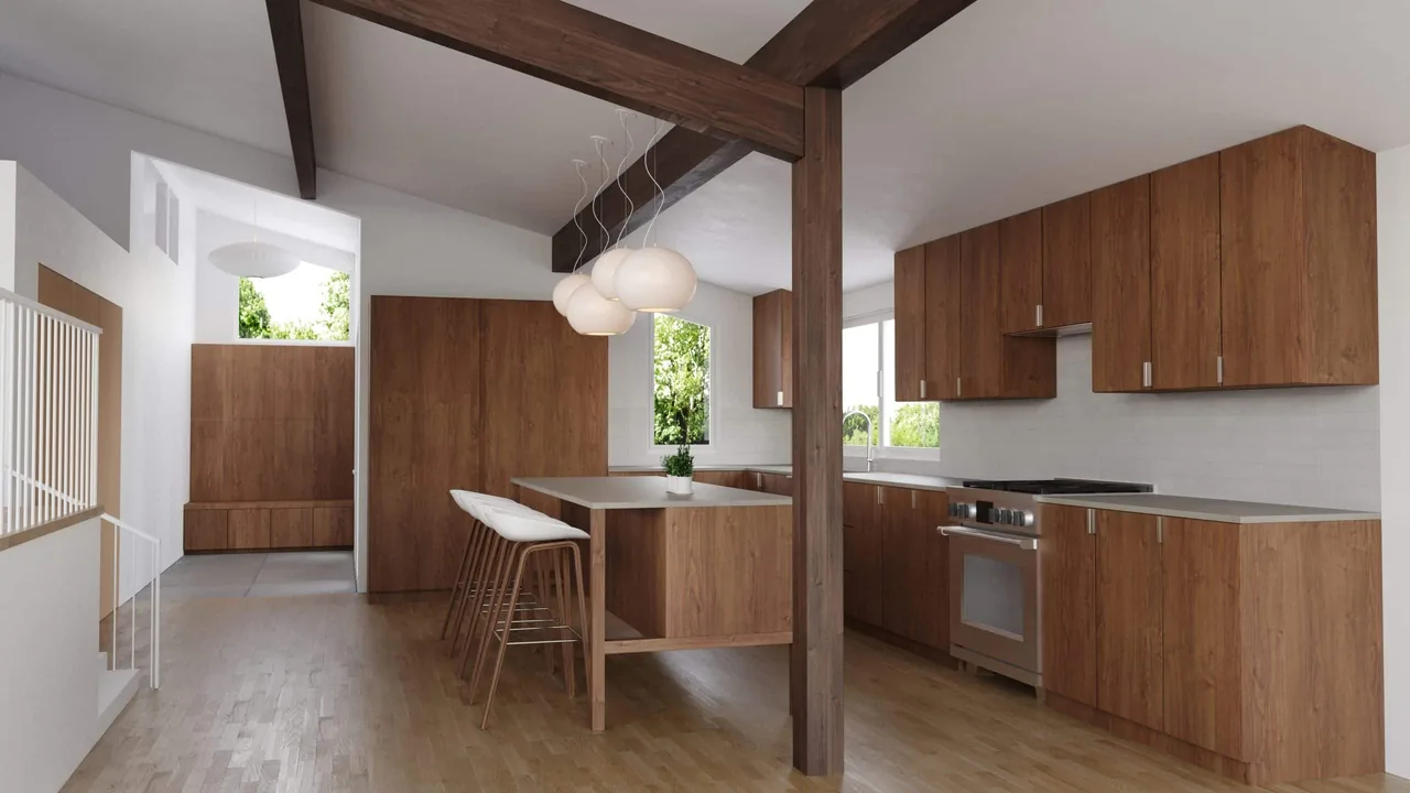Kitchen of Magnolia Mid-Century Modern project features wood cabinets, island seating, and exposed beams in a bright space.