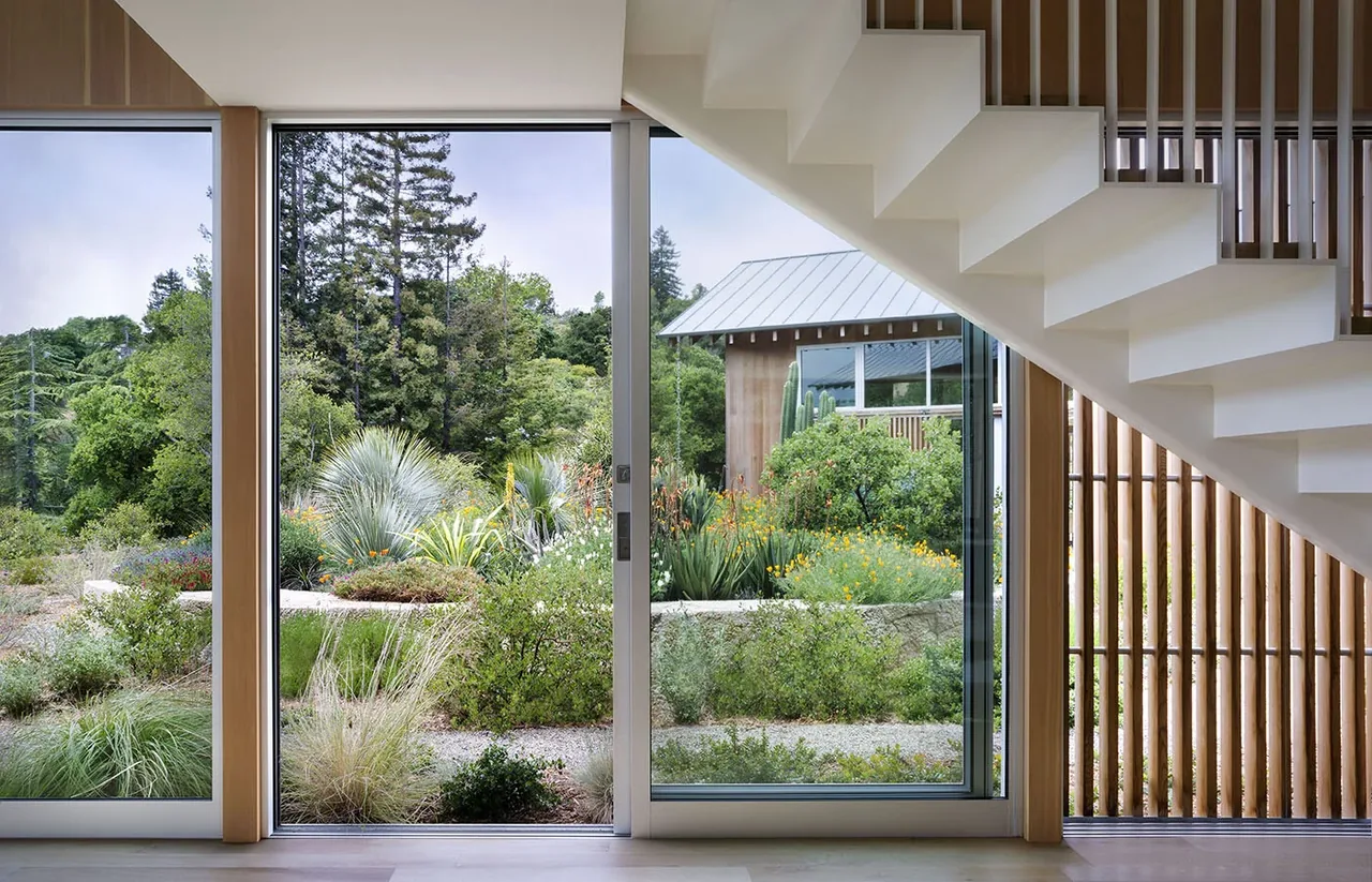 South Bay Residence features floor-to-ceiling glazing framing a natural garden landscape viewed from inside by the staircase.