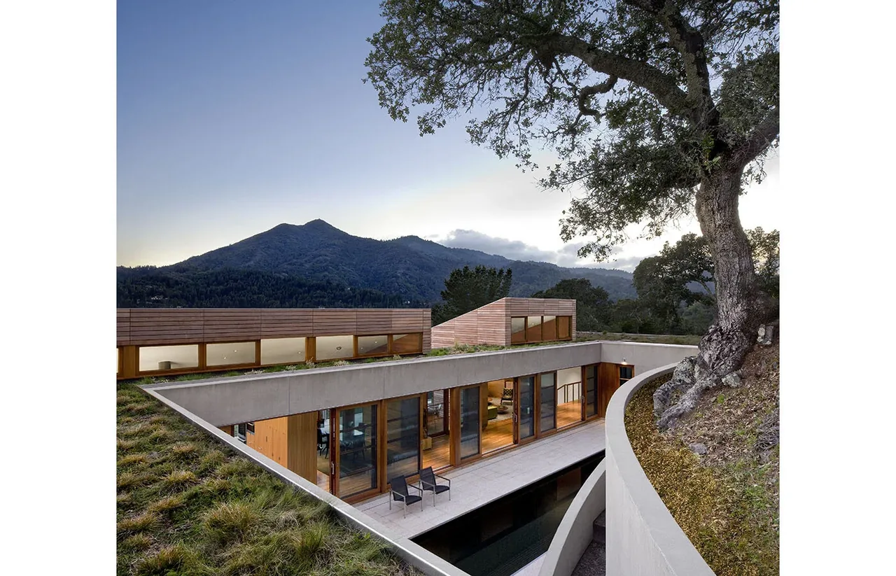 Kentfield Residence features wood-framed glass doors opening onto a courtyard with a reflecting pool set against a mountainous backdrop.
