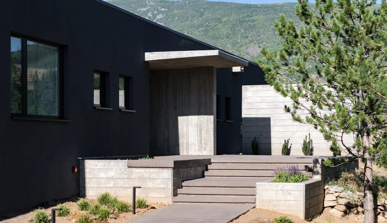 Entry area of a modern house with a flat roof and concrete steps leading to a covered wooden door.