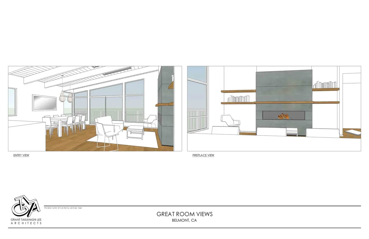 Interior rendering of Belmont Country Club's great room showing dining and living areas with fireplace and ceiling beams.