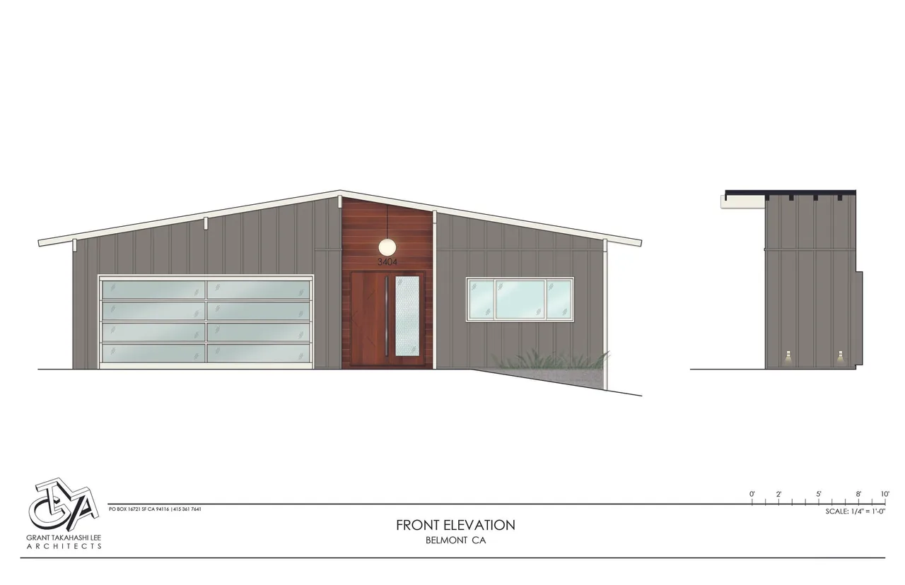 Front elevation of a single-story house featuring horizontal siding, a glass garage door, and a wood entry with frosted glass.
