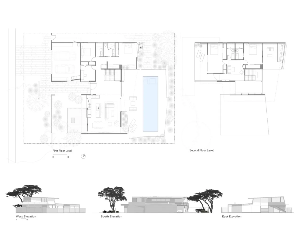 Floor plans and west, south, east elevations of Edgewood House by Terry & Terry Architecture.