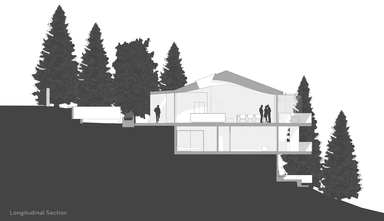 Longitudinal section of the Skyline House illustrating interior layout and roof profile on a hillside site.