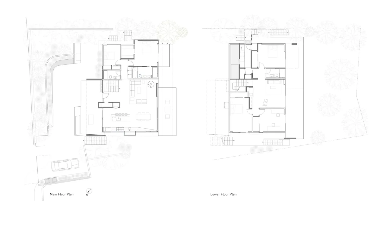 Main and lower floor plans for Skyline House by Terry & Terry Architecture show room and exterior layout.
