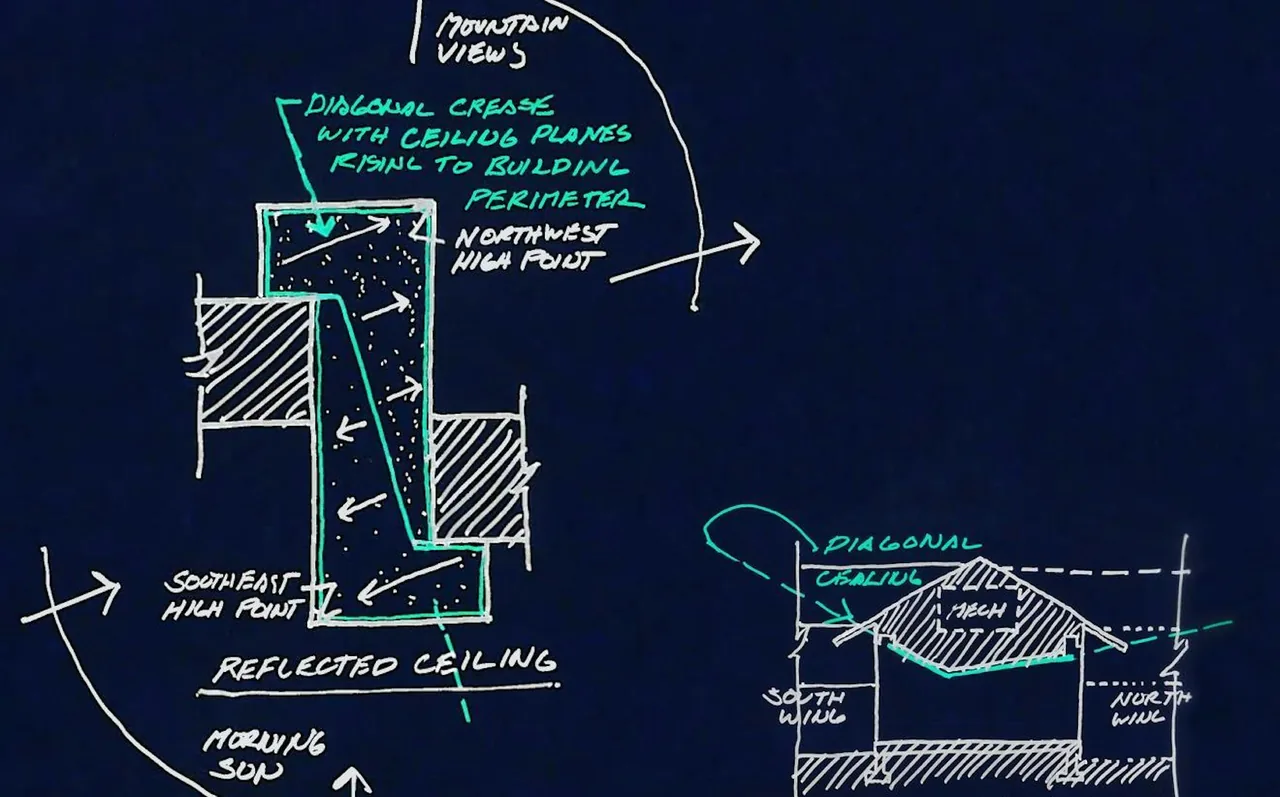 Architectural elevation and reflected ceiling hand drawings for Diagonal House by Stephen Dynia Architects.