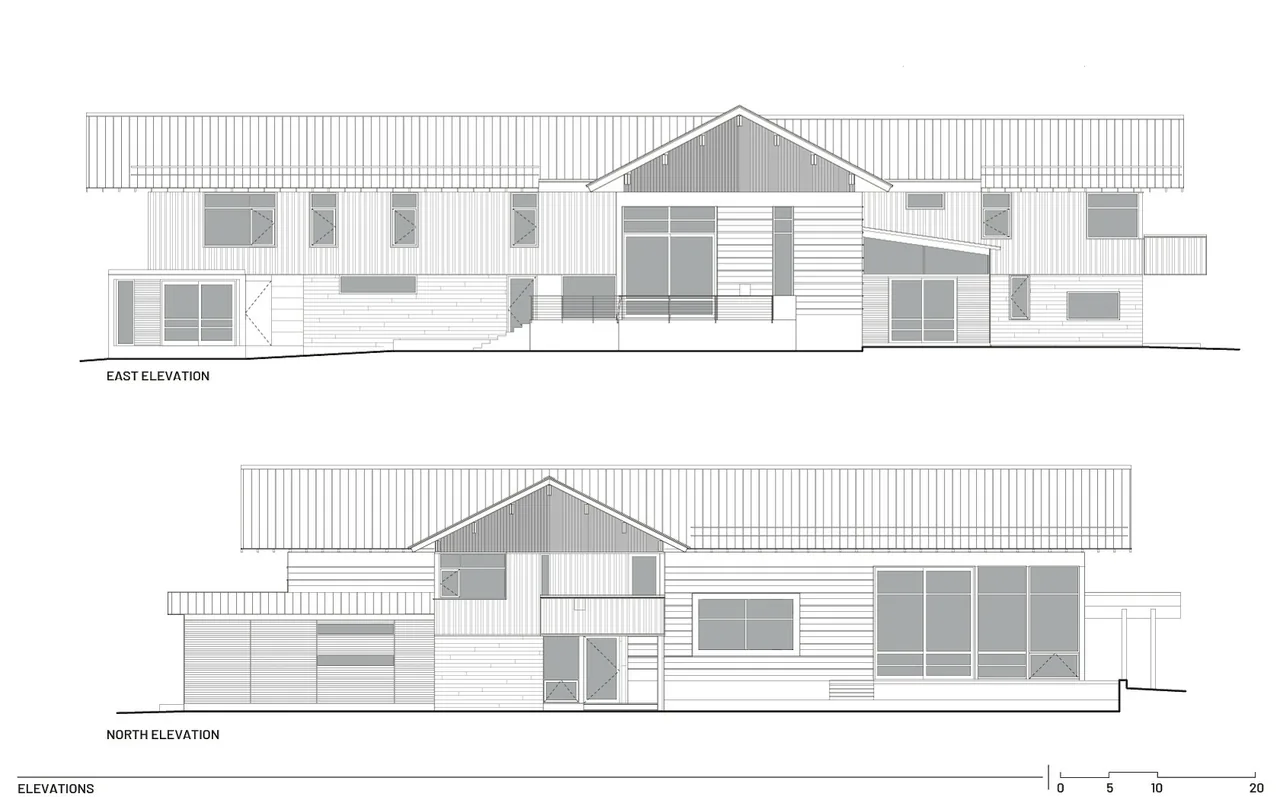 East and north elevation drawings of Diagonal House by Stephen Dynia Architects showing siding and roof details.