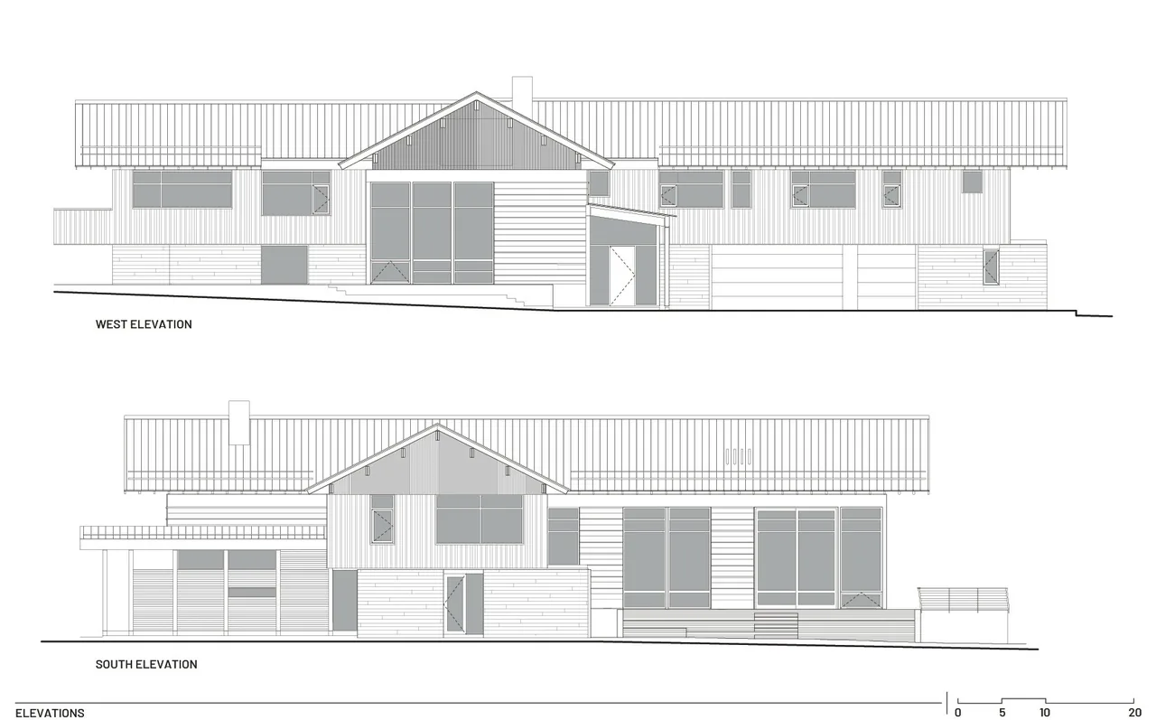 West and south architectural elevations for a two-story house with timber roof overhangs and various window designs.
