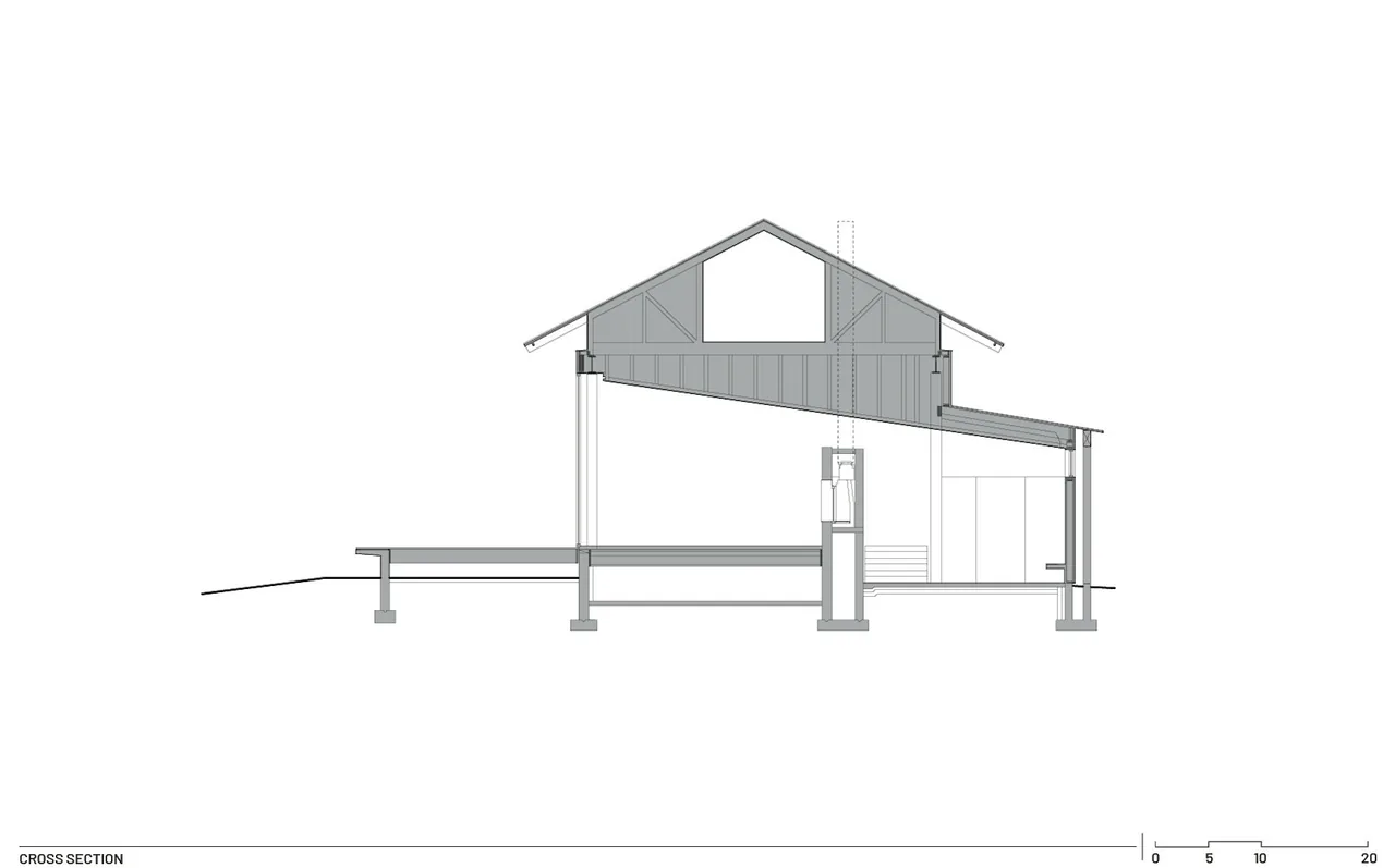 Cross section drawing of the Diagonal House illustrating roof angles and foundation details.