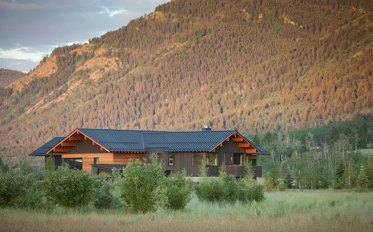 The Diagonal House features a metal gable roof and dark wood siding with exposed timber roof overhangs, set against a mountainous backdrop.