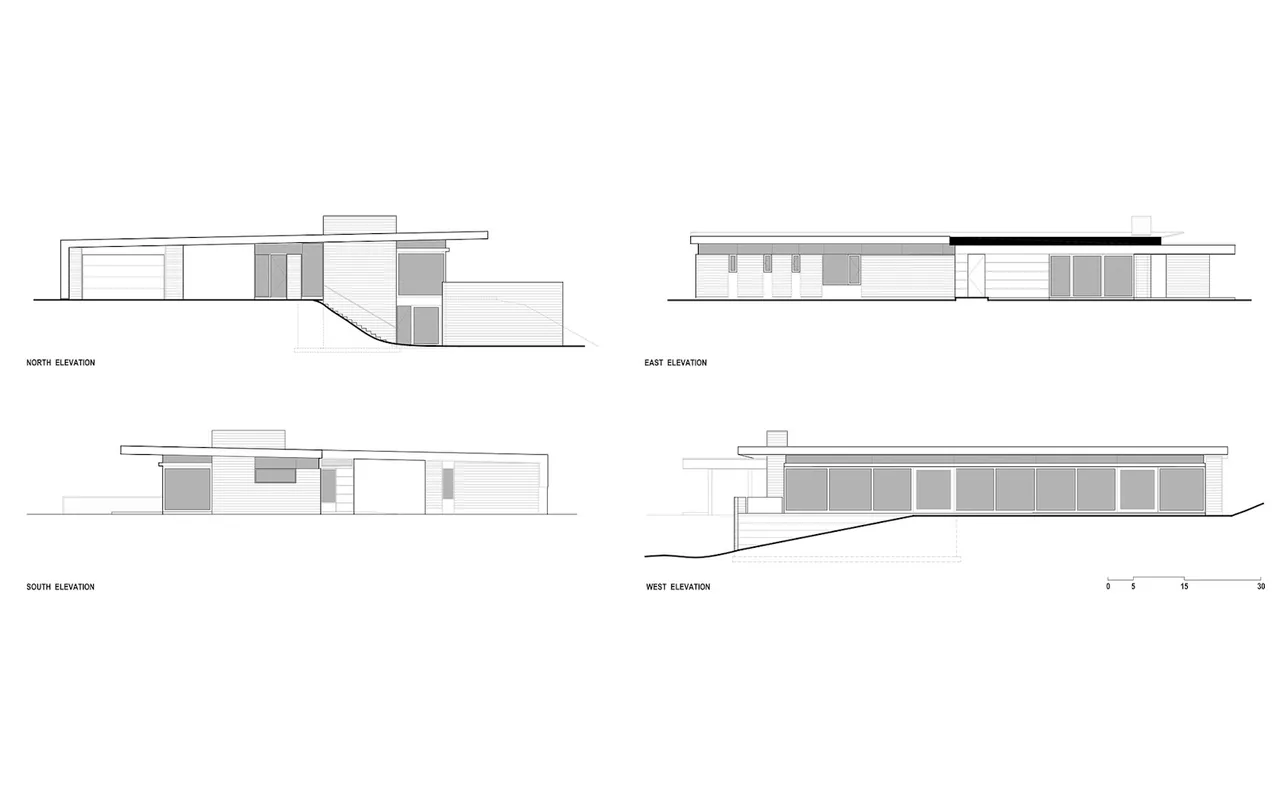 Elevations of Lost Creek Cabin by Stephen Dynia Architects display a modern flat roof design with extensive glazing.