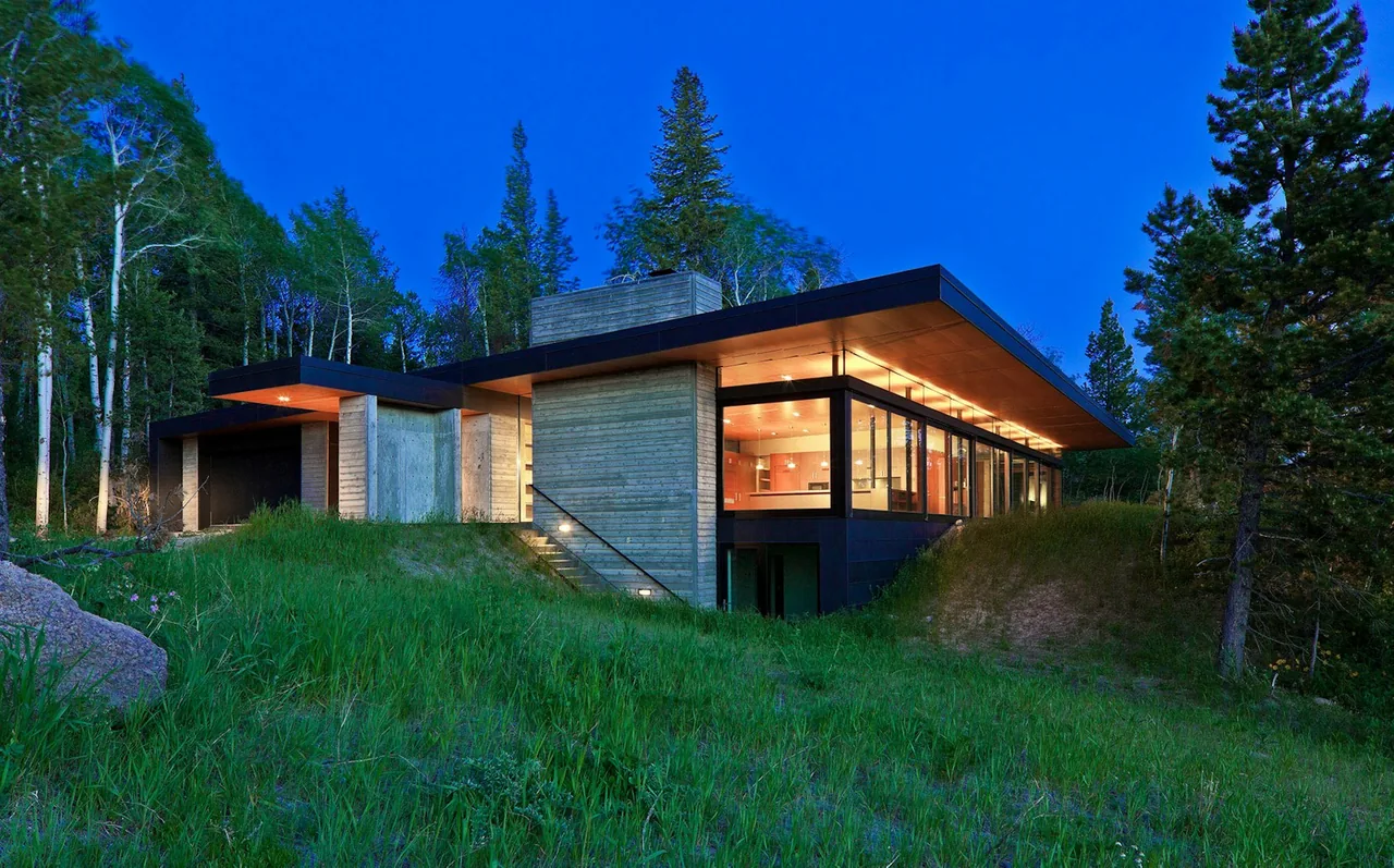 Lost Creek Cabin features an overhanging flat roof, wood paneling, and extensive glass walls overlooking natural grasses and trees.