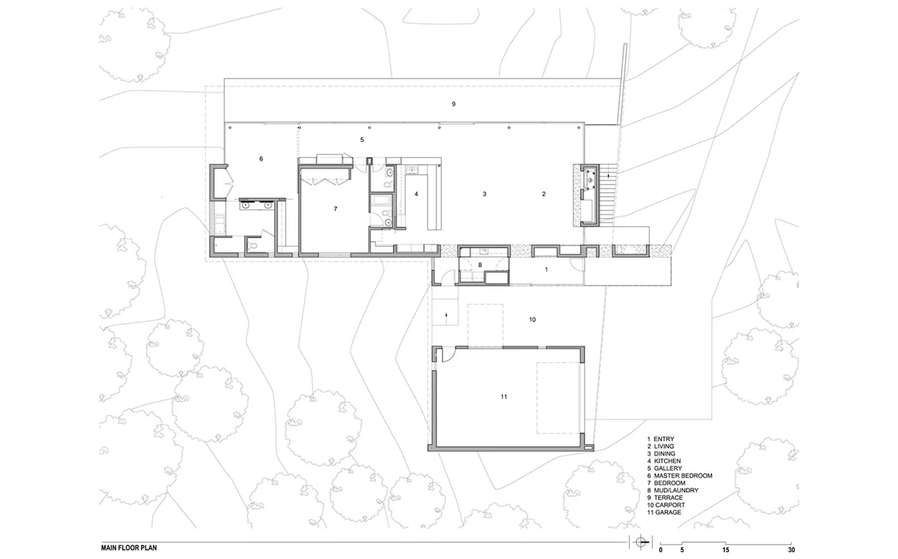 Main floor plan of Lost Creek Cabin with labeled entry, living, dining, kitchen, bedrooms, terrace, carport, and garage.