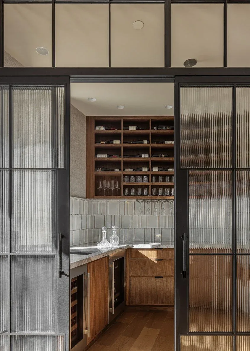 Bar area behind black-framed frosted glass doors with wood shelving and cabinetry in Boulder Mountain Residence.